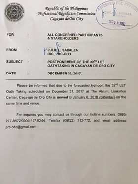 Postponement Of The 32nd LET  Oathtaking In Cagayan de Oro