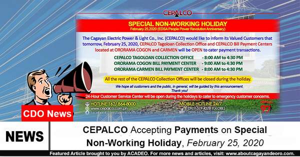 CEPALCO Accepting Payments on Special Non-Working Holiday, February 25, 2020