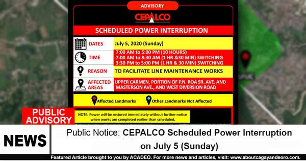 Public Notice: CEPALCO Scheduled Power Interruption on July 5 (Sunday)