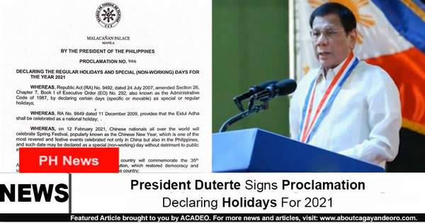 President Duterte Signs Proclamation Declaring Holidays For 21